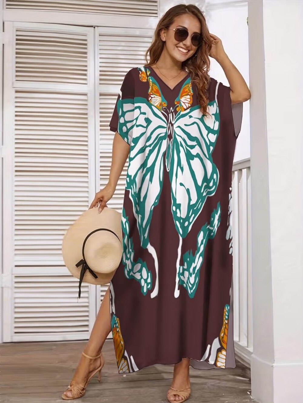 Kaftan Dress Plus Size Swimsuit Cover up Beach V Neck Lightweight Fits S-XXL - Picture 2 of 6